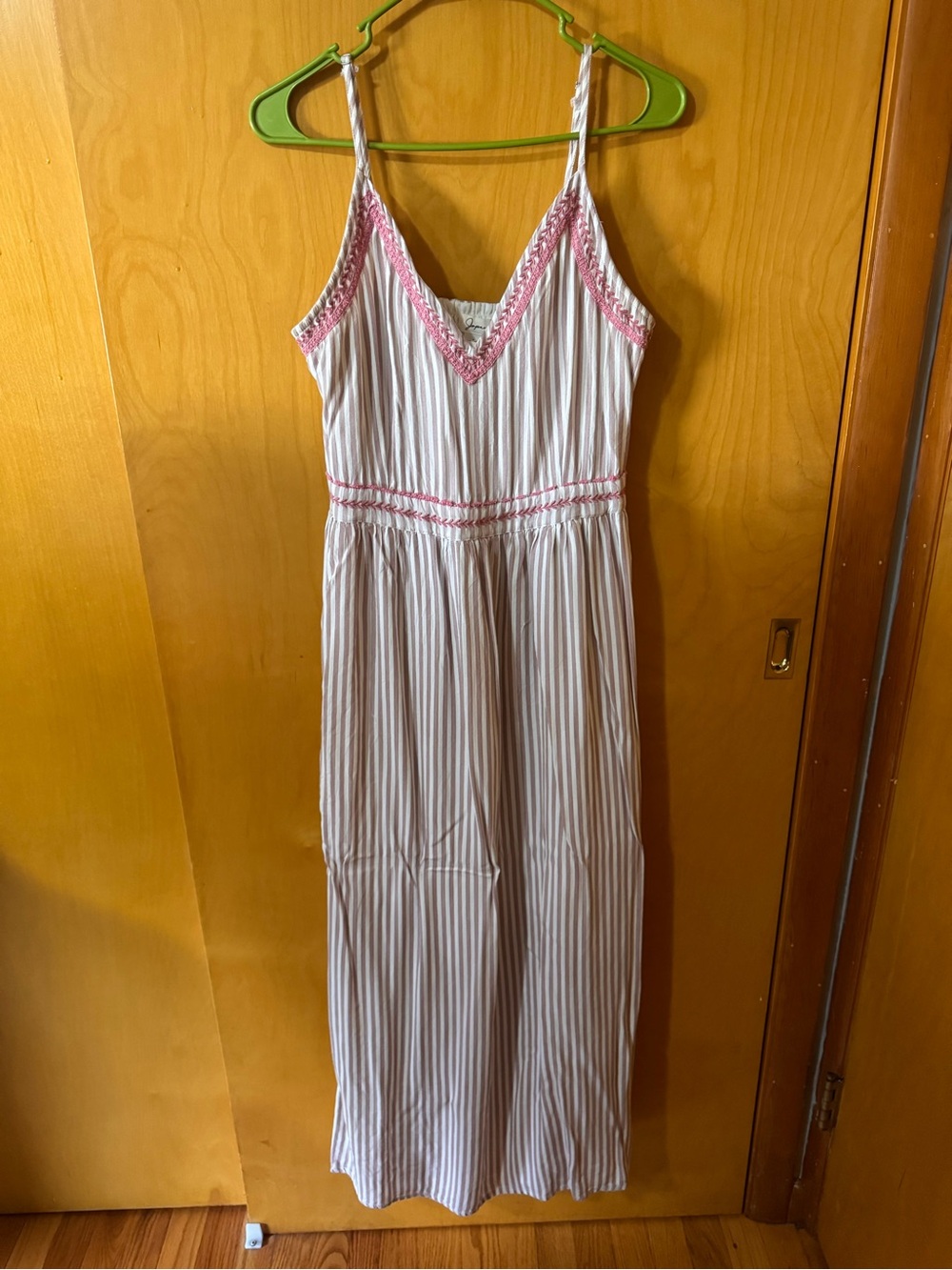 Striped Spaghetti-Strap Maxi Dress with Pink Trim